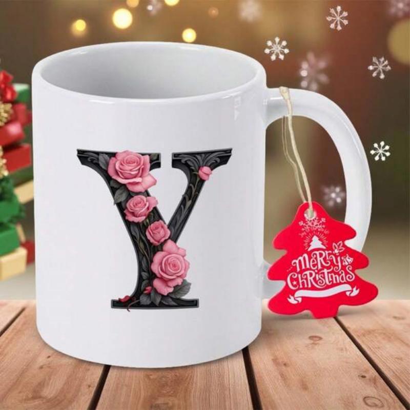 Tailorly White Ceramic 11 oz Mug - Merry Christmas Elegant Serif Capital Letter Decorated With Pink Roses And Floral Details Letter