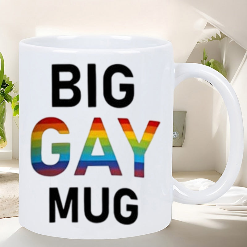 Tailorly White Ceramic 11 oz Mug - Big Gay Mug Minimalist White Ceramic Vessel Featuring Bold Rainbow Gradient Typography Pride Mug