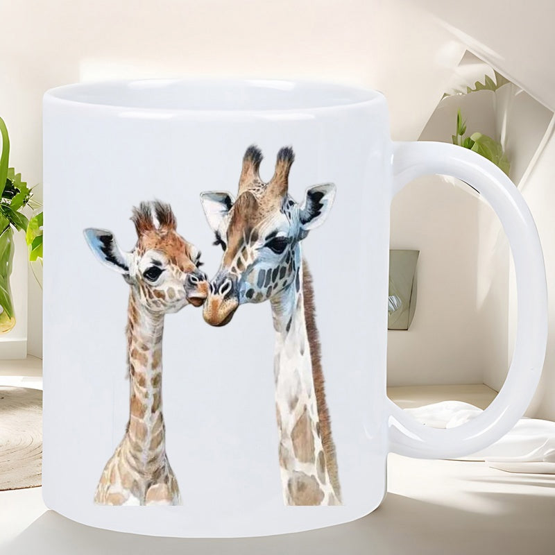 Tailorly White Ceramic 11 oz Mug - Watercolor Style Two Giraffes Snuggling Together In A Tender Moment Giraffe