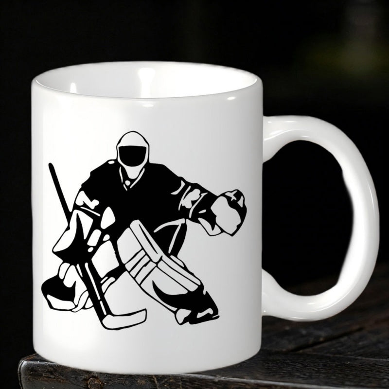 Tailorly White Ceramic 11 oz Mug - Dynamic Action Silhouette Of Professional Ice Hockey Player Protecting Net Goalie