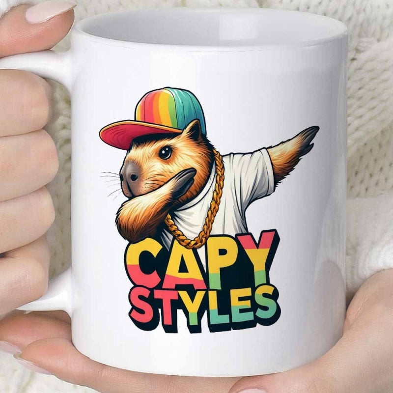Tailorly White Ceramic 11 oz Mug - Capy Styles Cartoon Animal Wearing Colorful Hat And Gold Chain Performing Dance Pose Capybara