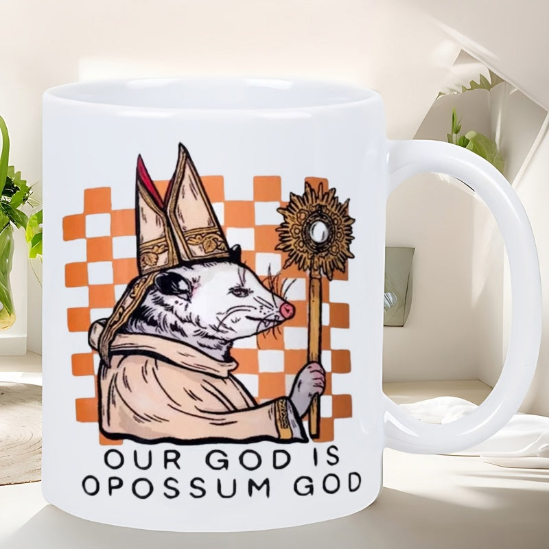 Tailorly White Ceramic 11 oz Mug - Our God Is Opossum God Illustrative Religious Possum Wearing Ornate Clerical Robes Behind Checkered Pattern Opossum