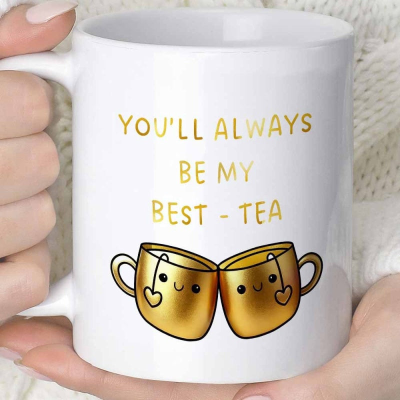 Tailorly White Ceramic 11 oz Mug - Youll Always Be My Best Tea Two Golden Clinking Cups Featuring Smiling Faces And Heart Tags Teacup