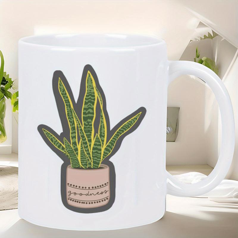 Tailorly White Ceramic 11 oz Mug - Goodness Vibrant Green Leaves Rising From Minimalist Pink Textured Ceramic Pot Plant