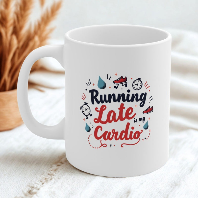 Tailorly White Ceramic 11 oz Mug - Running Late Is My Cardio Decorative Colorful Motion Icons With Sneakers And Small Timing Clocks Design