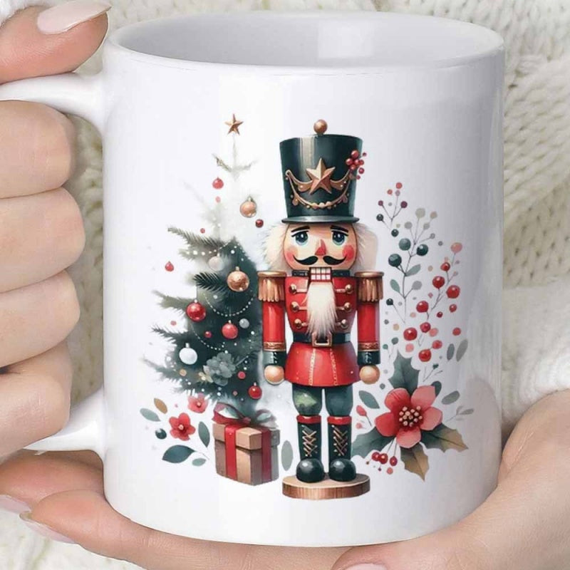Tailorly White Ceramic 11 oz Mug - Festive Holiday Scenes With Decorated Pine Tree And Traditional Nutcracker