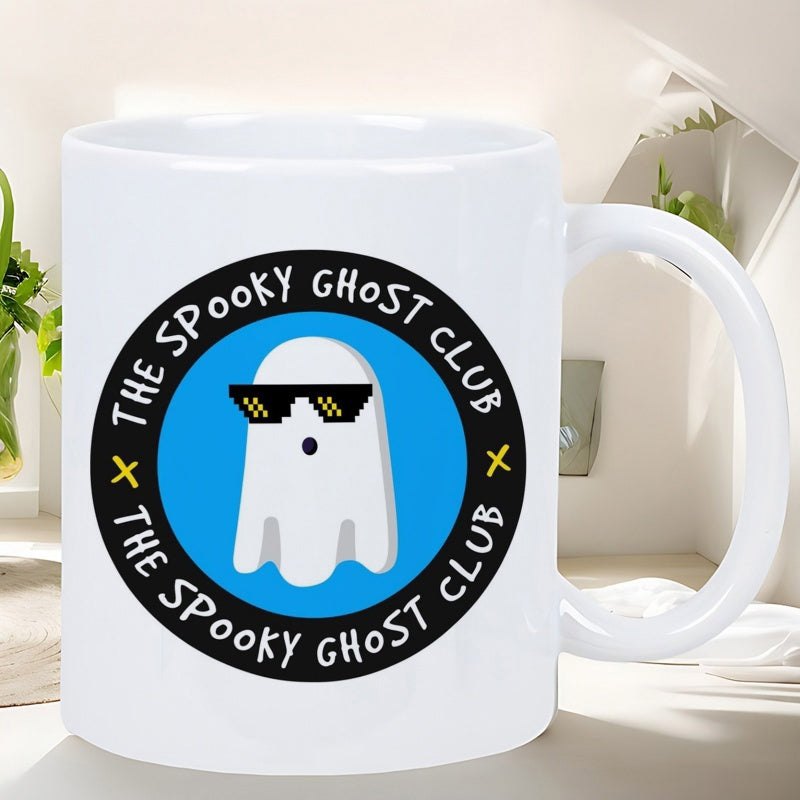 Tailorly White Ceramic 11 oz Mug - The Spooky Ghost Club Cute Cartoon Ghost Wearing Pixelated Sunglasses In A Blue Circle Ghost