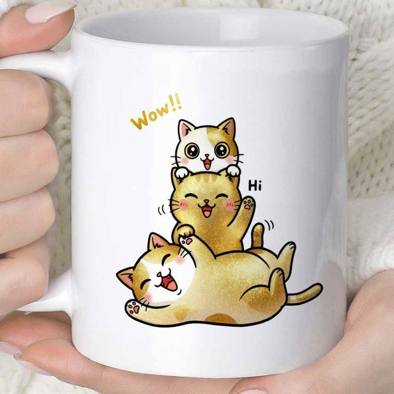 Tailorly White Ceramic 11 oz Mug - Wow Hi Three Cute Kittens Playing Together Stacked On Top Of Each Other Cat