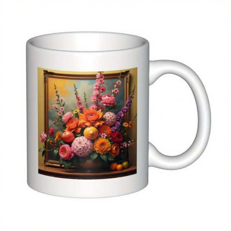Tailorly White Ceramic 11 oz Mug - Vibrant Oil Painting Style Bouquet With Colorful Blooms Arranged In Vase Flower