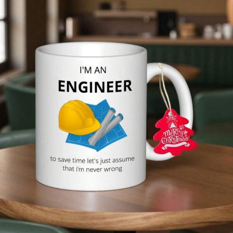Tailorly White Ceramic 11 oz Mug - Im An Engineer To Save Time Lets Just Assume That Im Never Wrong Vibrant Yellow Safety Helmet Placed Atop Professional Blue