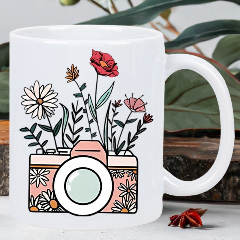Tailorly White Ceramic 11 oz Mug - Vintage Pink Camera Blooming With Colorful Wildflowers And Botanical Stems Camera