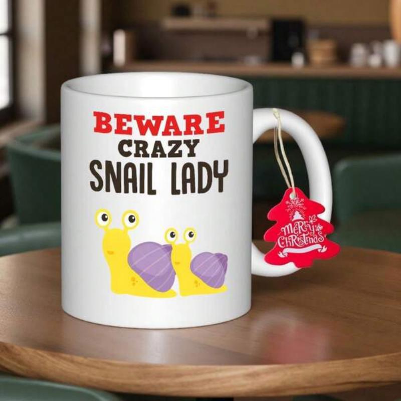 Tailorly White Ceramic 11 oz Mug - Beware Crazy Snail Lady Adorable Yellow Cartoon Snails With Purple Shells Crawling Along A Surface Snail