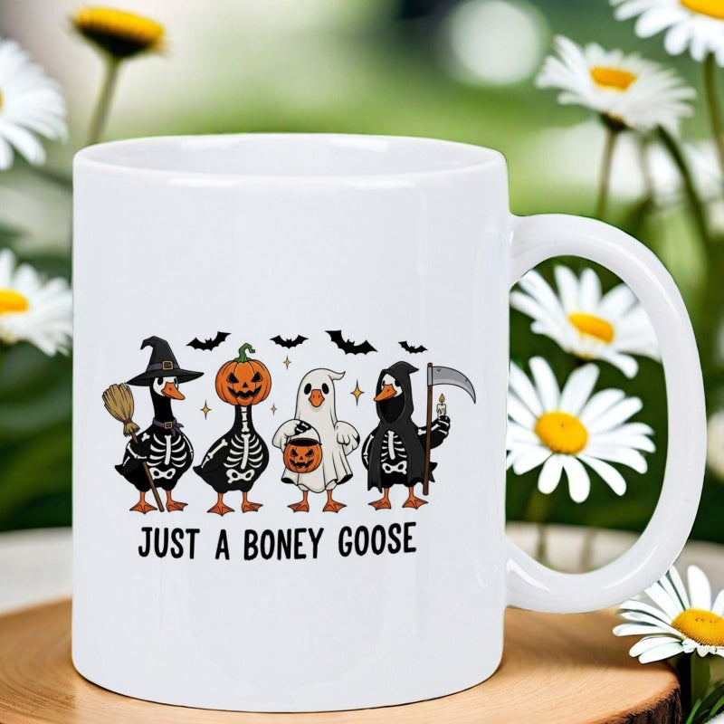 Tailorly White Ceramic 11 oz Mug - Just A Boney Goose Whimsical Halloween Geese Wearing Spooky Skeleton And Ghost Costumes Goose