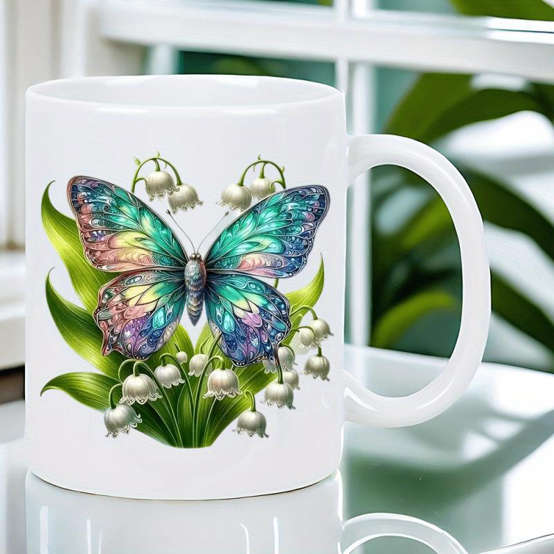Tailorly White Ceramic 11 oz Mug - Vibrant Wings Resting Among Elegant White Lily Of The Valley Butterfly