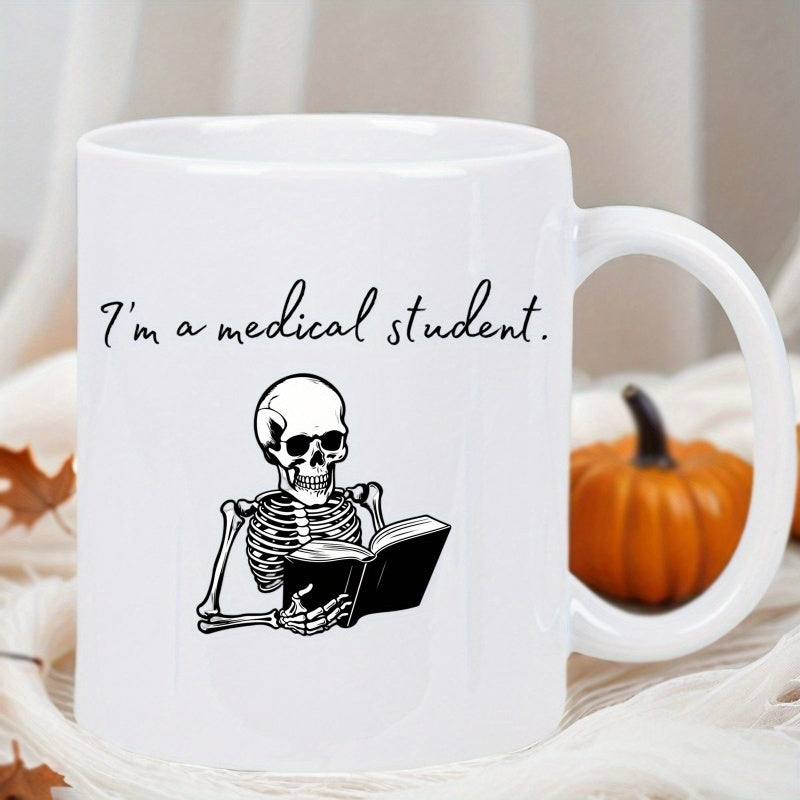 Tailorly White Ceramic 11 oz Mug - I Am A Medical Student Studious Bony Figure Focused On Reading A Thick Hardcover Book Skeleton