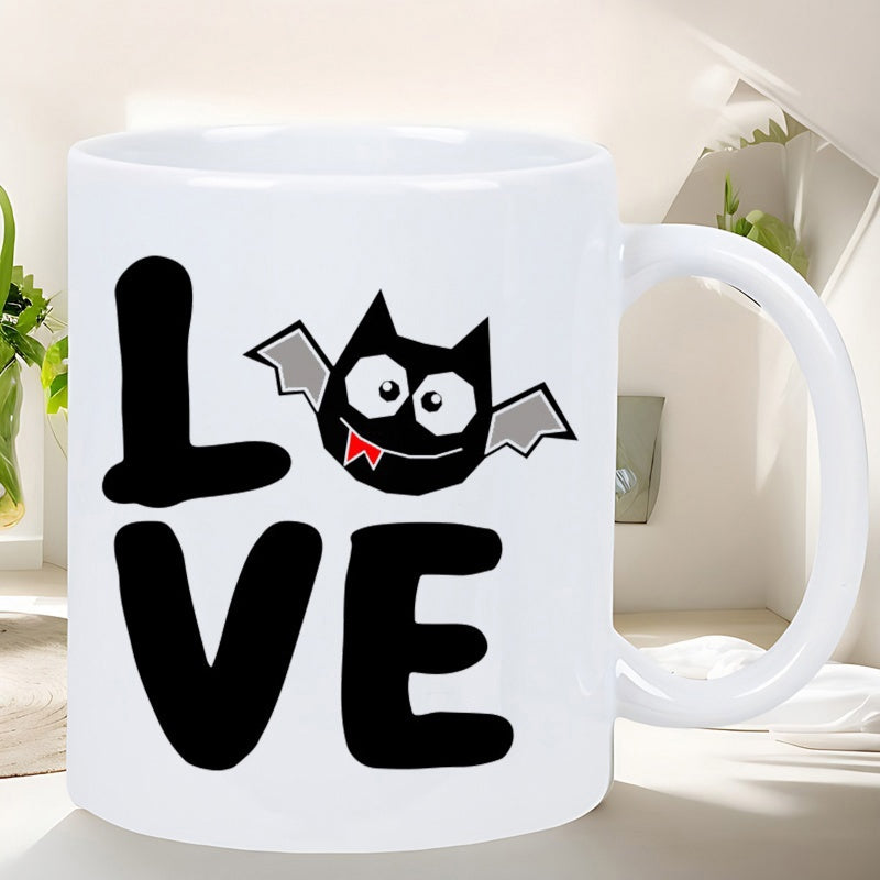 Tailorly White Ceramic 11 oz Mug - Love Spooky Cute Cartoon Character With Spreading Wings And Red Fangs Bat