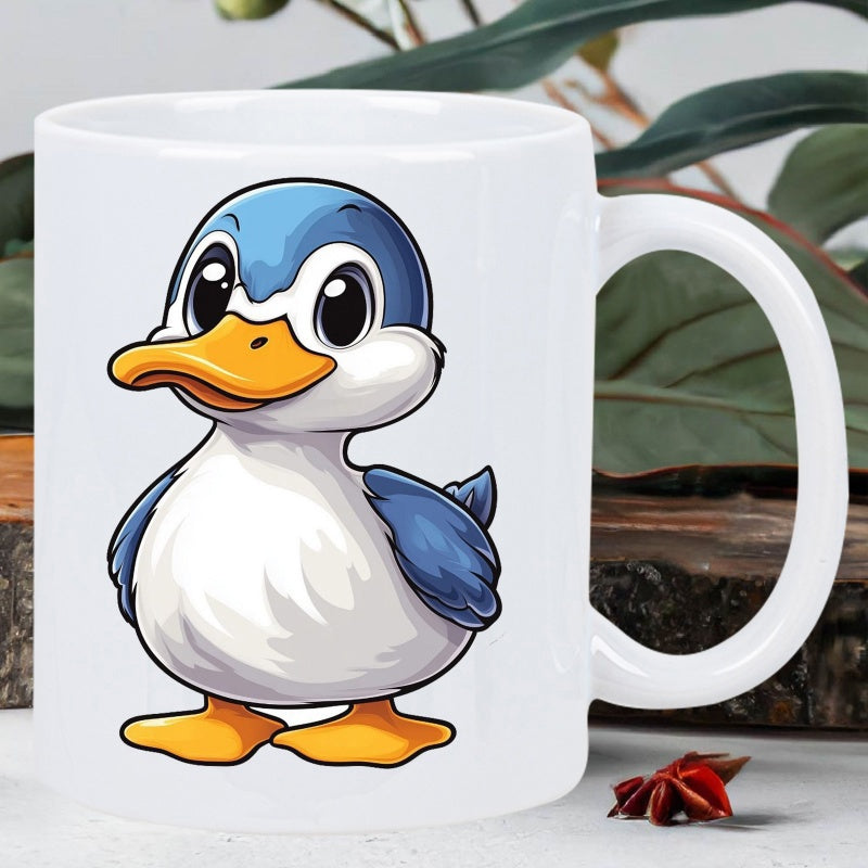 Tailorly White Ceramic 11 oz Mug - Cute Blue And White Cartoon Bird Standing With Friendly Large Eyes Duck