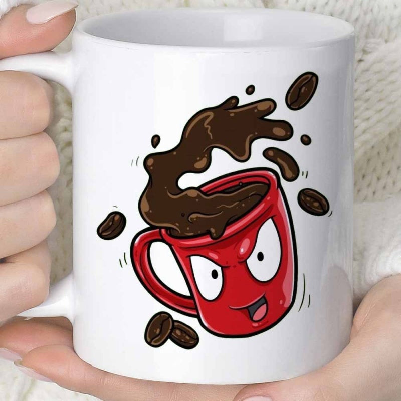 Tailorly White Ceramic 11 oz Mug - Cartoon Character Splashing Dark Coffee Liquid Among Floating Roasted Brown Beans Mug