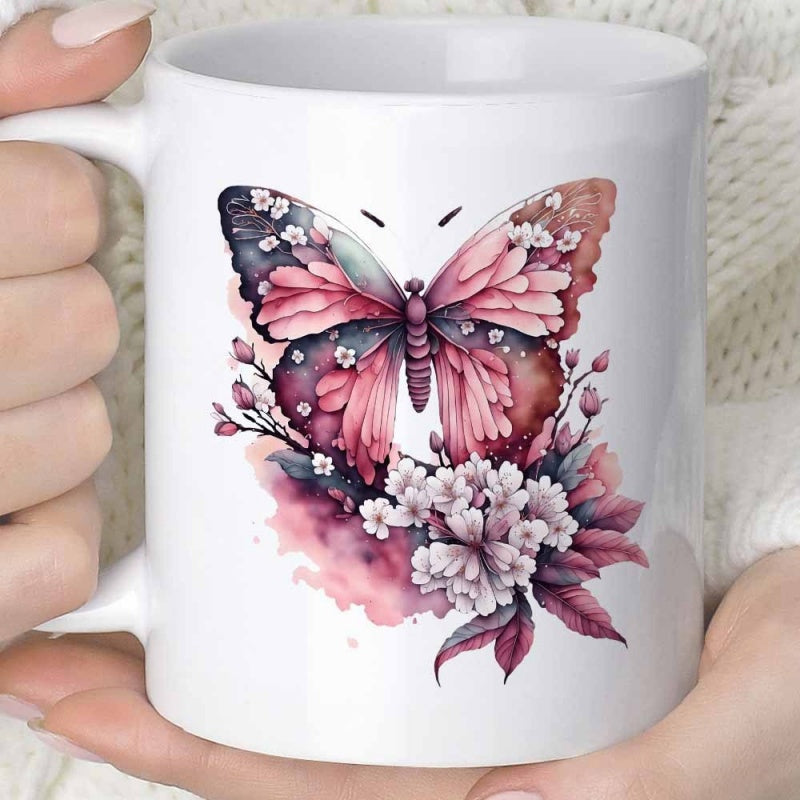 Tailorly White Ceramic 11 oz Mug - Elegant Pink Watercolor Wings Resting Over Soft Blooming Spring Garden Butterfly