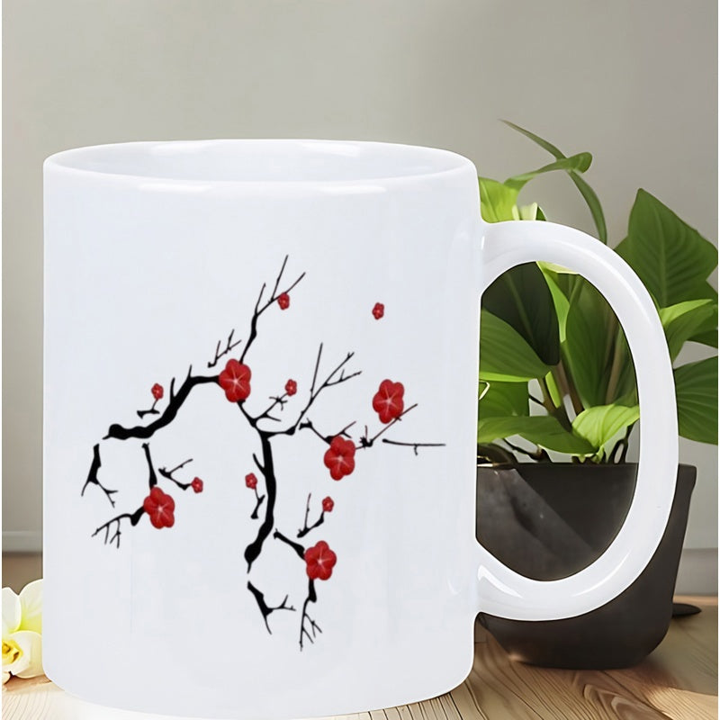 Tailorly White Ceramic 11 oz Mug - Artistic Traditional Black Branch With Blooming Red Petals Among Spring Air Plum Blossom