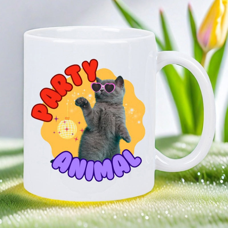 Tailorly White Ceramic 11 oz Mug - Party Animal Gray Kitten Wearing Pink Heart Sunglasses Dancing Against Bright Yellow Background Cat