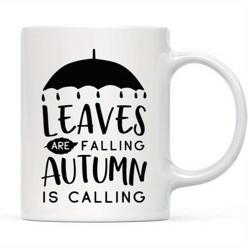 Tailorly White Ceramic 11 oz Mug - Leaves Falling Autumn Calling Black Umbrella With Raindrops Among A Seasonal Leaf Umbrella