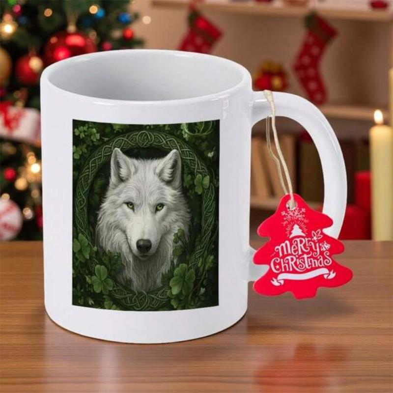 Tailorly White Ceramic 11 oz Mug - Merry Christmas Majestic White Wolf Peering Through A Lush Green Pine Forest Wreath Wolf