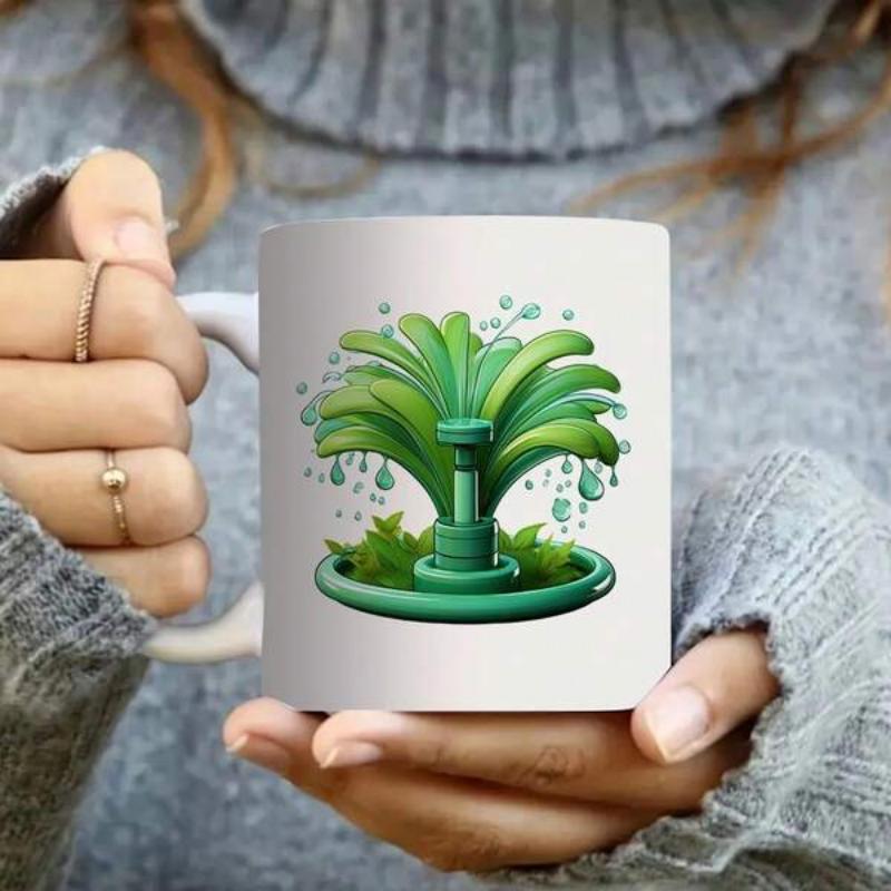 Tailorly White Ceramic 11 oz Mug - Sparkling Blue Water Droplets Falling From A Vibrant Green Garden Fountain