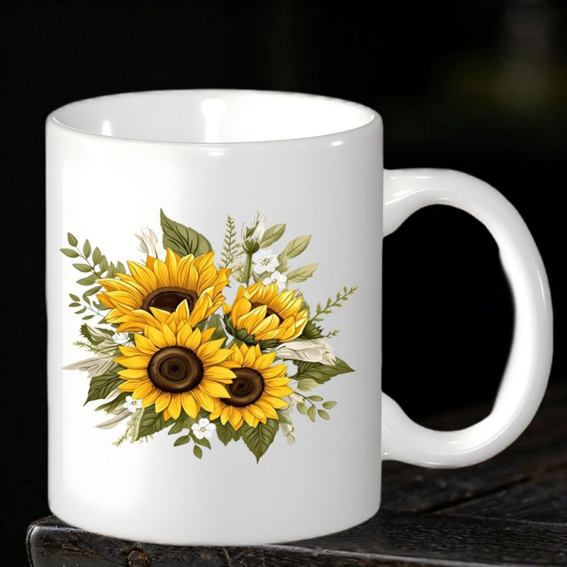 Tailorly White Ceramic 11 oz Mug - Vibrant Blooming Yellow Sunflowers With Lush Green Leaves In Elegant Arrangement Sunflower
