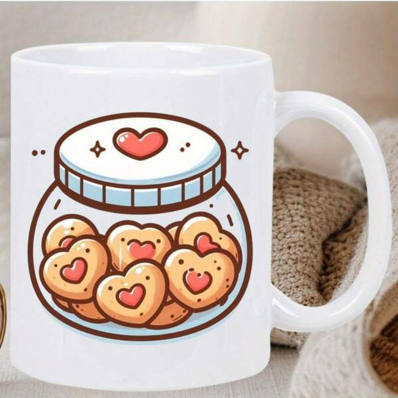 Tailorly White Ceramic 11 oz Mug - Sweet Adorable Glass Container Filled With Heart Shaped Delicious Cookies Jar