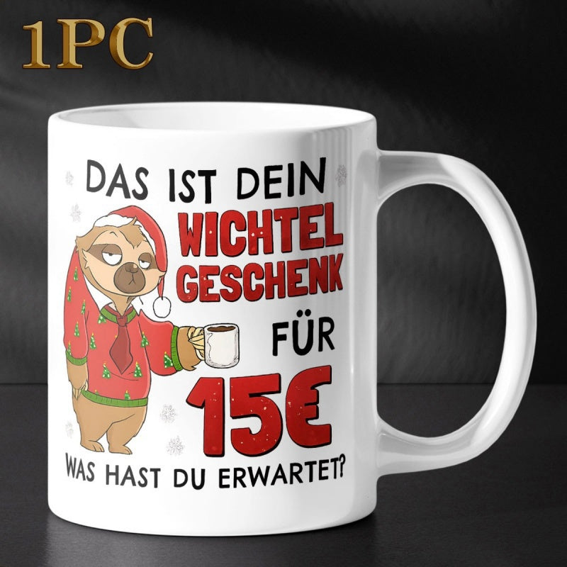 Tailorly White Ceramic 11 oz Mug - Festive Character Wearing Red Christmas Sweater And Santa Hat Holding White Cup Sloth