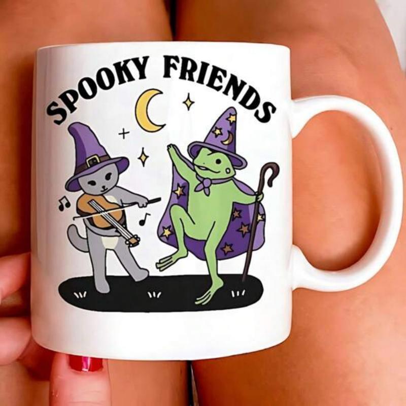 Tailorly White Ceramic 11 oz Mug - Spooky Friends Whimsical Musical Cat Playing Violin Near Magic Cape Dancing Frog