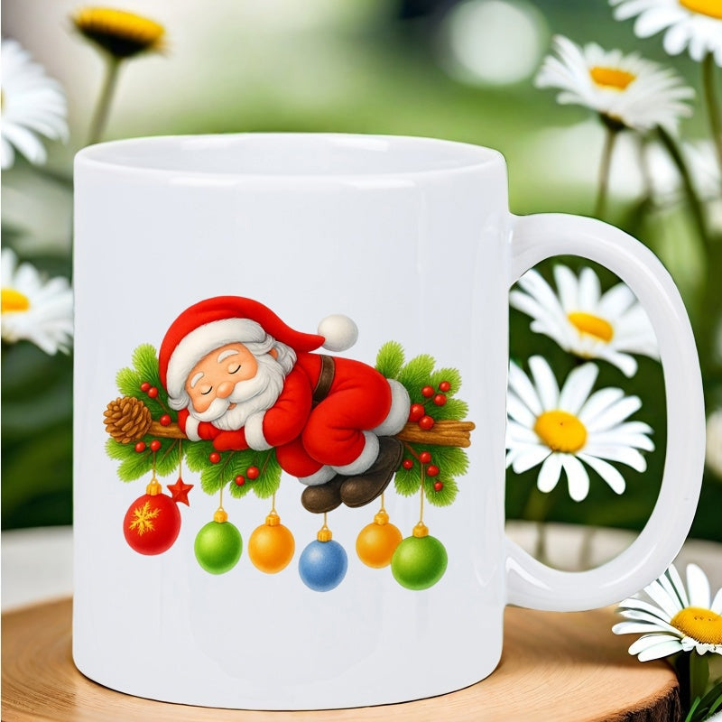 Tailorly White Ceramic 11 oz Mug - Sleeping Cartoon Character Resting On Festive Pine Branch With Colorful Baubles Santa