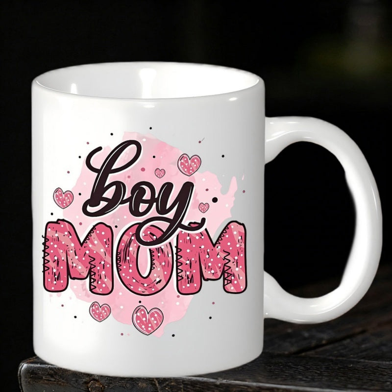 Tailorly White Ceramic 11 oz Mug - Boy Mom Elegant Script Above Bold Patterned Text Surrounded By Charming Pink Dotted Heart