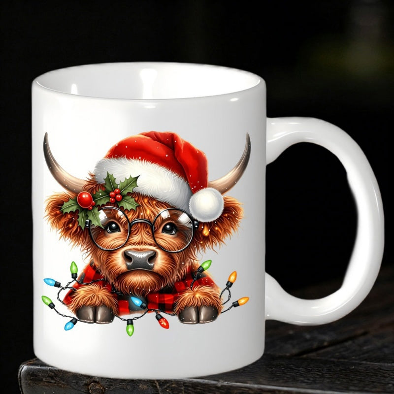 Tailorly White Ceramic 11 oz Mug - Festive Brown Cow Wearing Santa Hat And Glasses Amidst Colorful Christmas Lights Highland Cow