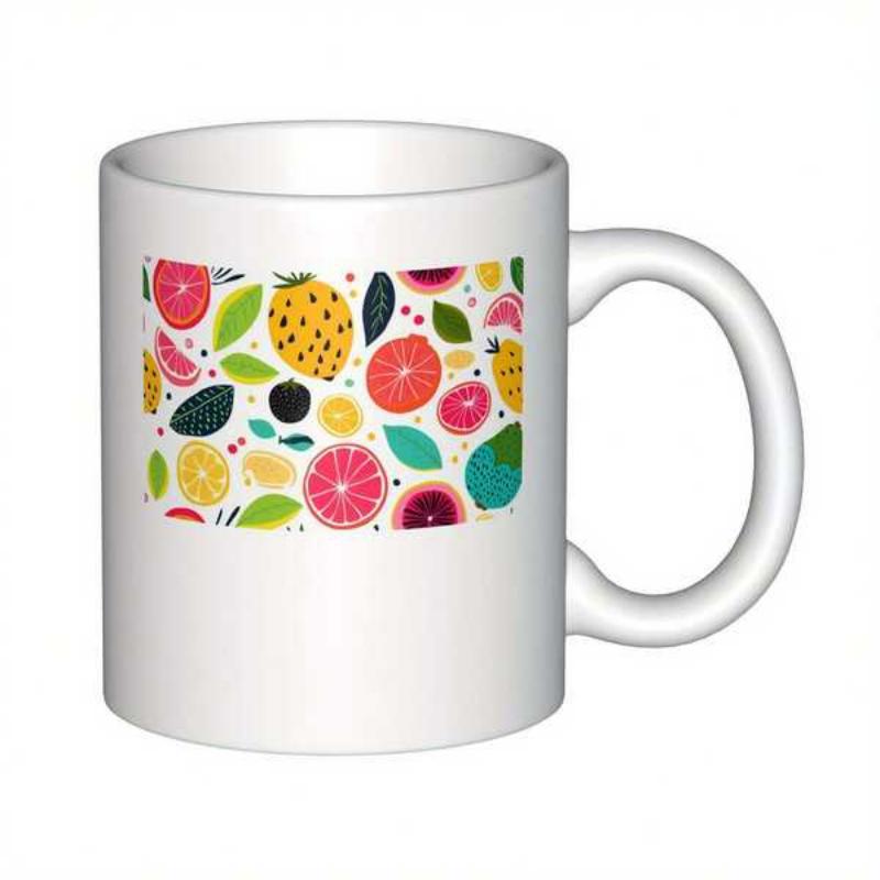 Tailorly White Ceramic 11 oz Mug - Vibrant Hand Drawn Summer Elements Scattered Among Fresh Colorful Citrus Fruit