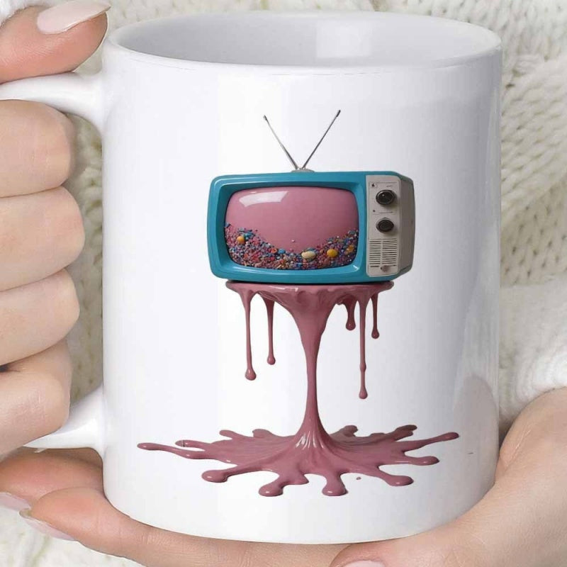 Tailorly White Ceramic 11 oz Mug - Vintage Blue Television Dripping Thick Pink Gooey Liquid Over Ground Television