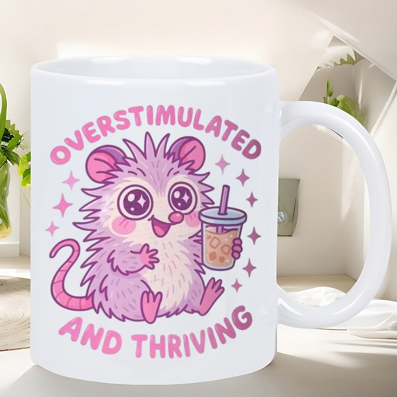 Tailorly White Ceramic 11 oz Mug - Overstimulated And Thriving Adorable Pink Kawaii Opossum Sipping Boba Tea Among Twinkling Magic Stars Opossum