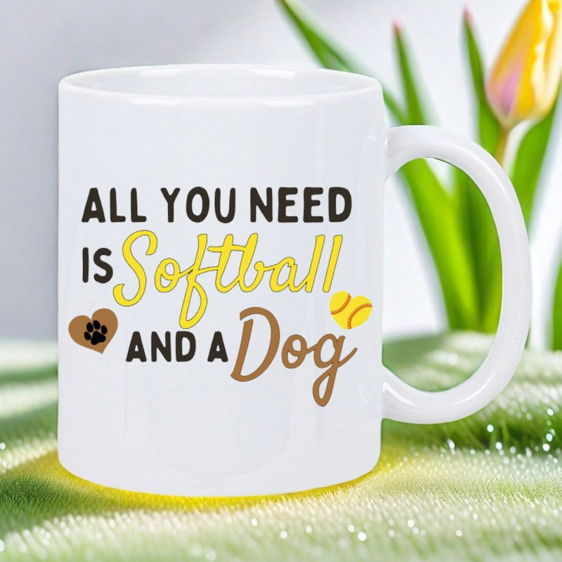 Tailorly White Ceramic 11 oz Mug - All You Need Is Softball And A Dog Sporty Yellow Ball With Heart Paw Print Decorative Graphic Softball