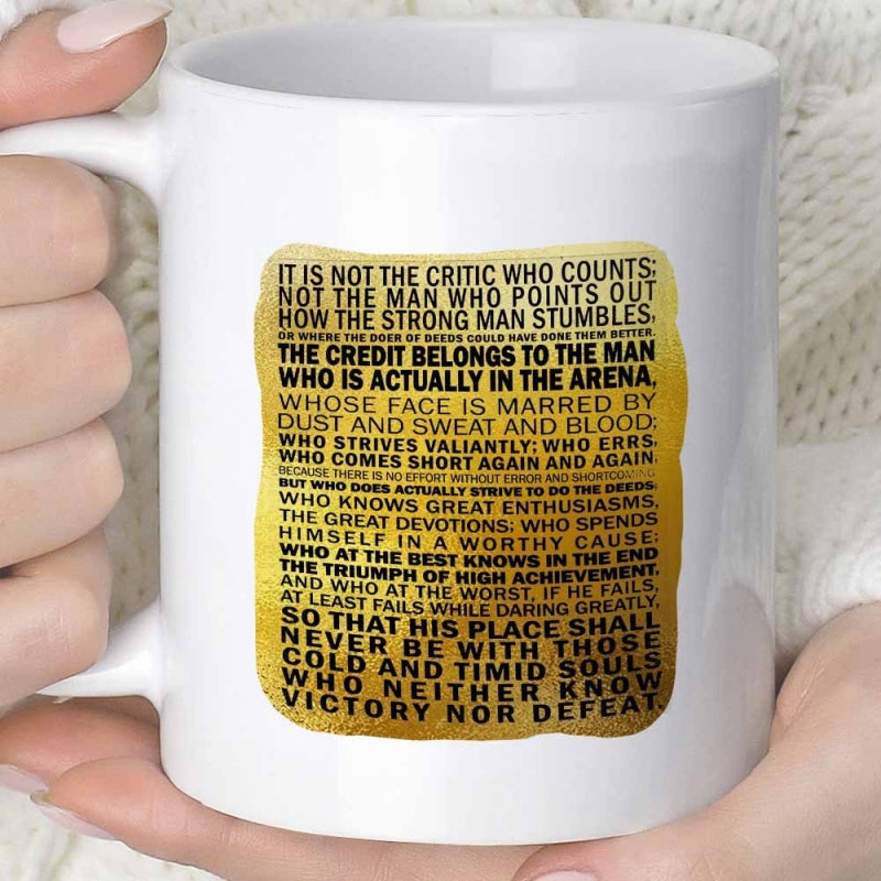 Tailorly White Ceramic 11 oz Mug - Man In The Arena Elegant Golden Watercolor Texture Background Featuring A Powerful Inspirational Mug