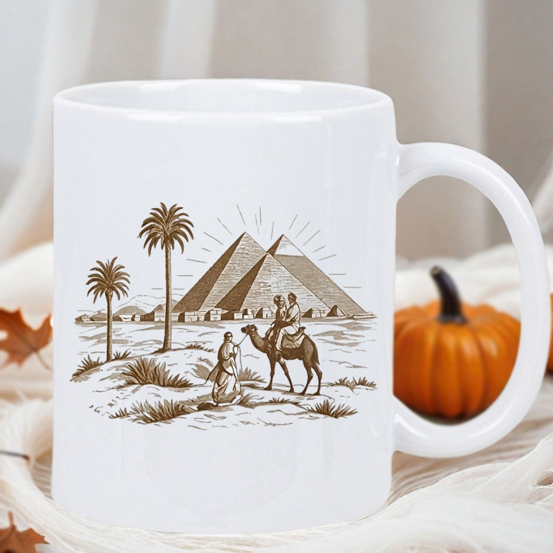 Tailorly White Ceramic 11 oz Mug - Vintage Style Desert Scene With Travelers On Camel Near Ancient Great Pyramids