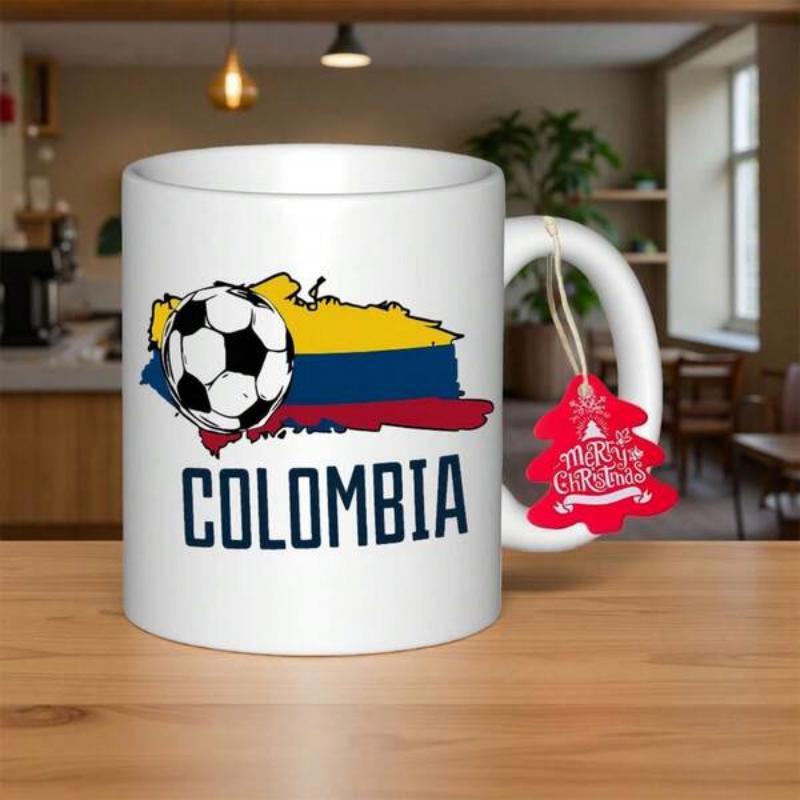 Tailorly White Ceramic 11 oz Mug - Colombia Artistic Vibrant National Flag Colors Behind Realistic Sporting Soccer Ball