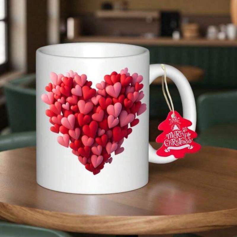 Tailorly White Ceramic 11 oz Mug - Vibrant Red And Pink Three Dimensional Small Hearts Forming A Large Heart