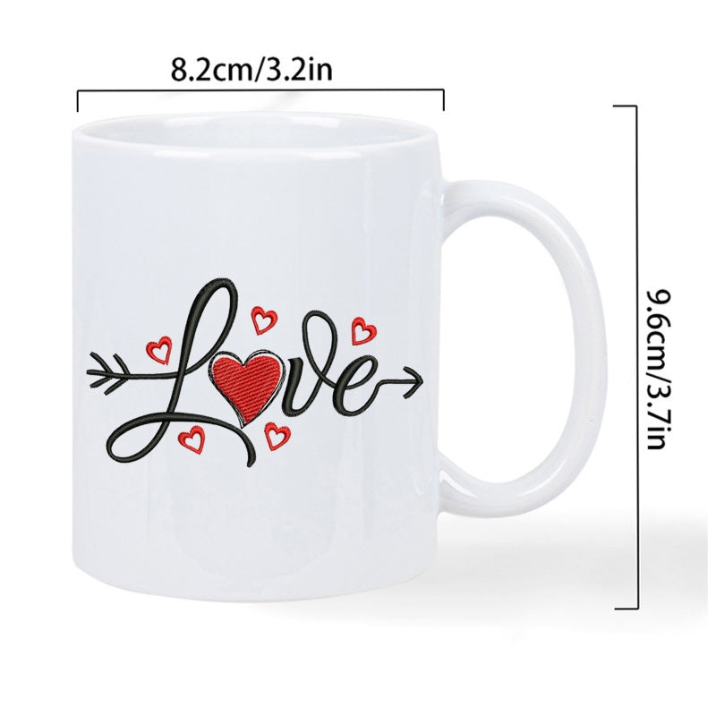 Tailorly White Ceramic 11 oz Mug - Love Red Romantic Hearts With Arrow Piercing Through Elegant Script Calligraphy Heart