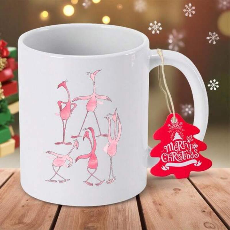 Tailorly White Ceramic 11 oz Mug - Merry Christmas Whimsical Pink Birds Dancing Joyfully In Minimalist Hand Drawn Watercolor Style Flamingo