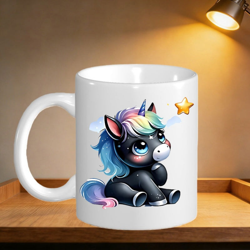 Tailorly White Ceramic 11 oz Mug - Adorable Sitting Black Unicorn With Rainbow Mane Under Golden Shining Star Unicorn