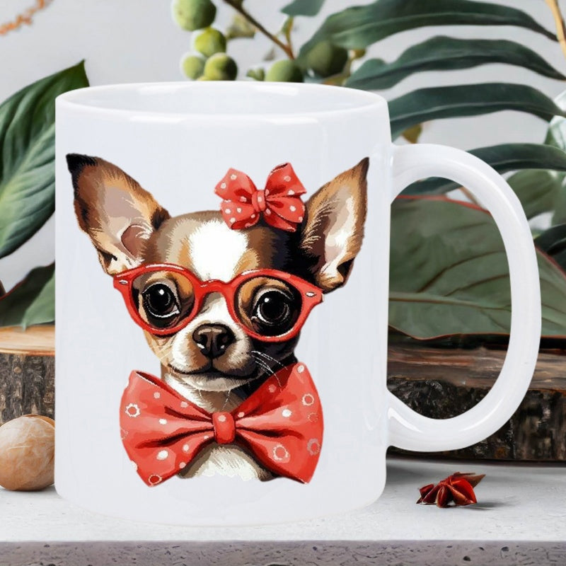 Tailorly White Ceramic 11 oz Mug - Adorable Small Dog With Red Glasses And Polka Dot Bows Chihuahua