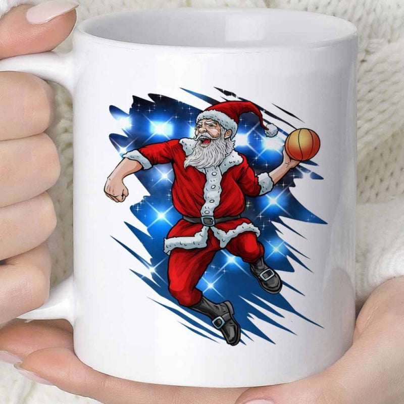 Tailorly White Ceramic 11 oz Mug - Energetic Festive Spirit Jumping With Basketball Against Blue Glimmering Background Santa Claus