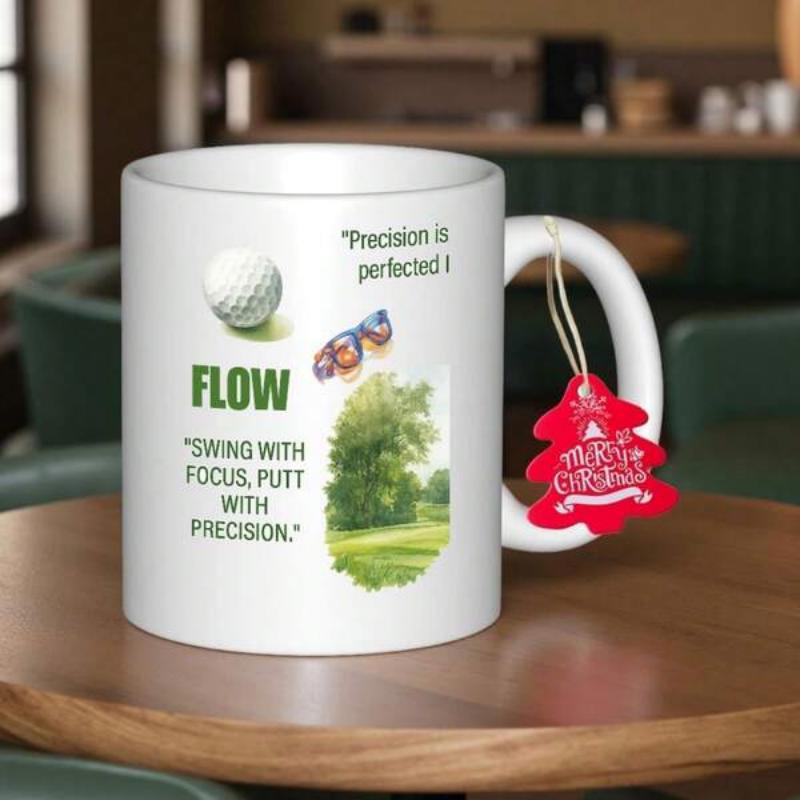 Tailorly White Ceramic 11 oz Mug - Flow Swing With Focus White Dimpled Golf Ball Resting Beside Scenic Green Trees Golf Ball