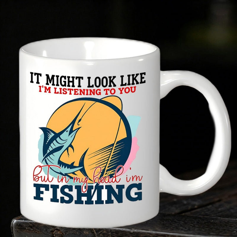 Tailorly White Ceramic 11 oz Mug - It Might Look Like Im Listening To You But In My Head Im Fishing Majestic Blue Marlin Leaping Near Sunset With Fishing Rod